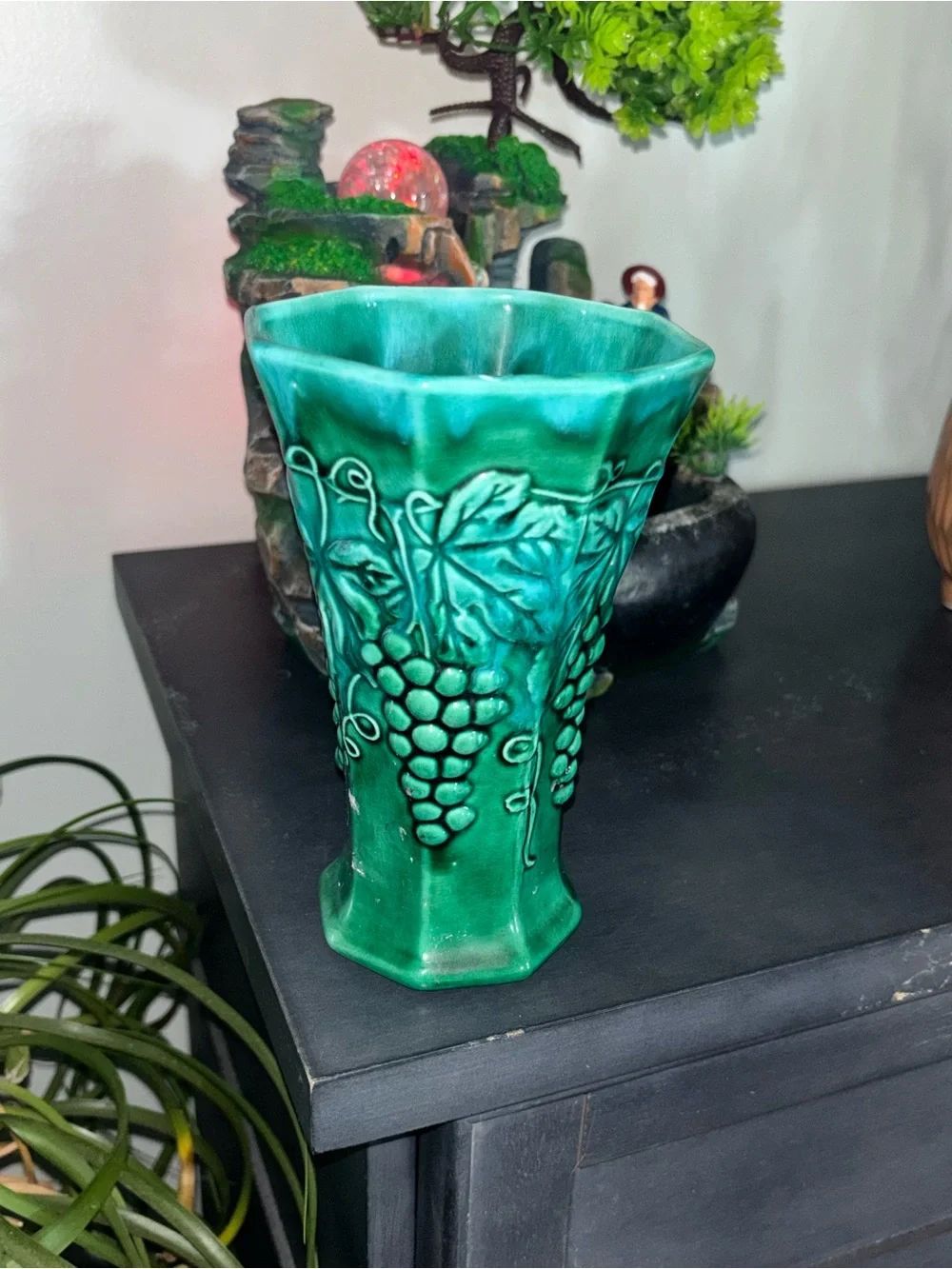Cottagecore Green Ceramic Grape Relief Vase - Home Accents